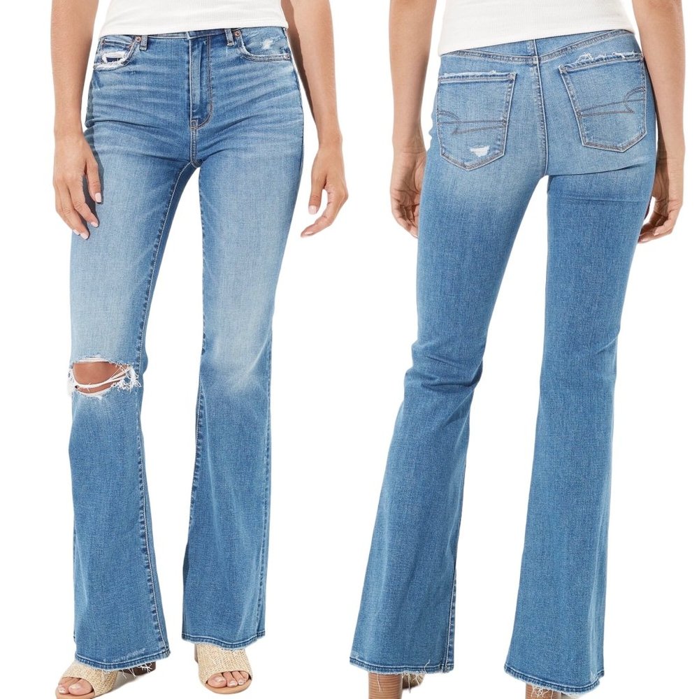 NWT American Eagle Womens 18R AE Ripped Super High Waisted Flare Jean Stretch